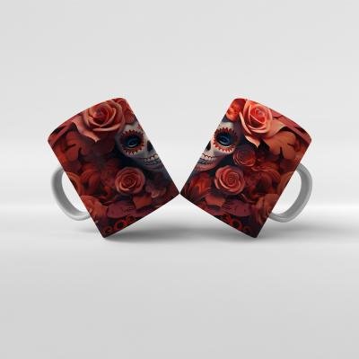 Baskılı Kupa Bardak Cadılar Bayramı Kuru Kafa Kırmızı Gül Zeminli